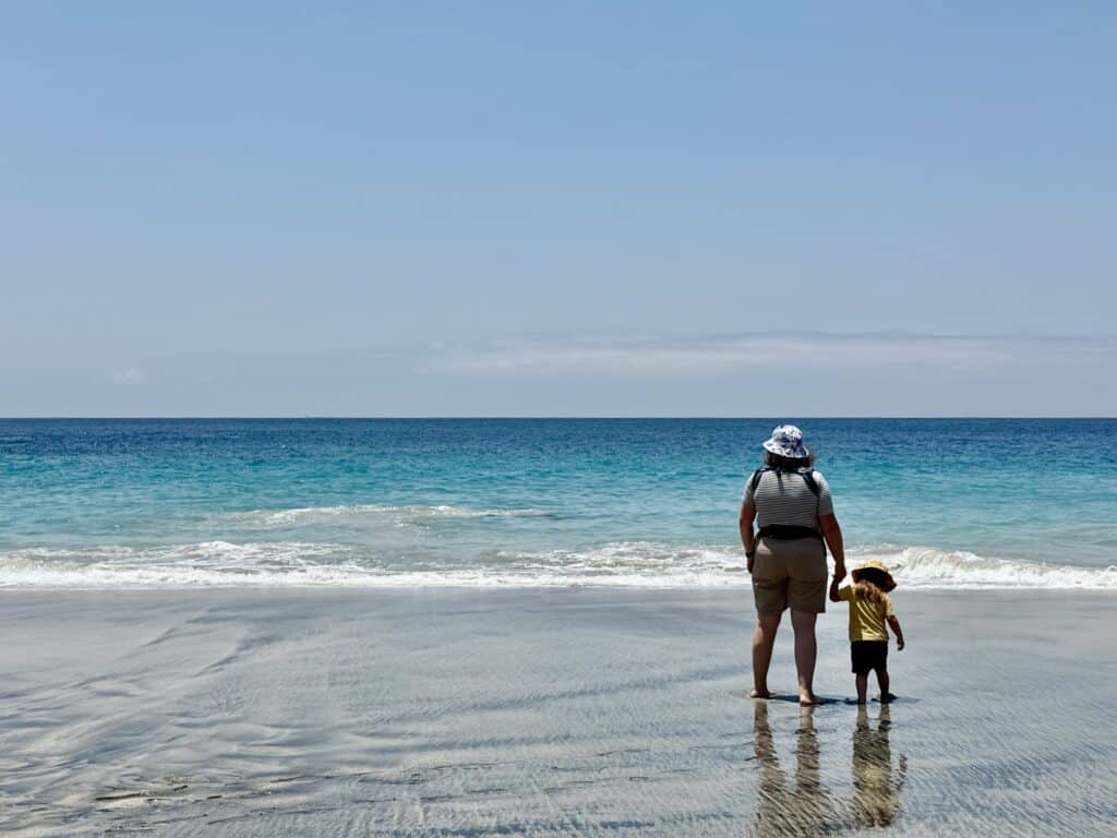 Family on a tropical beach that look to the horizon